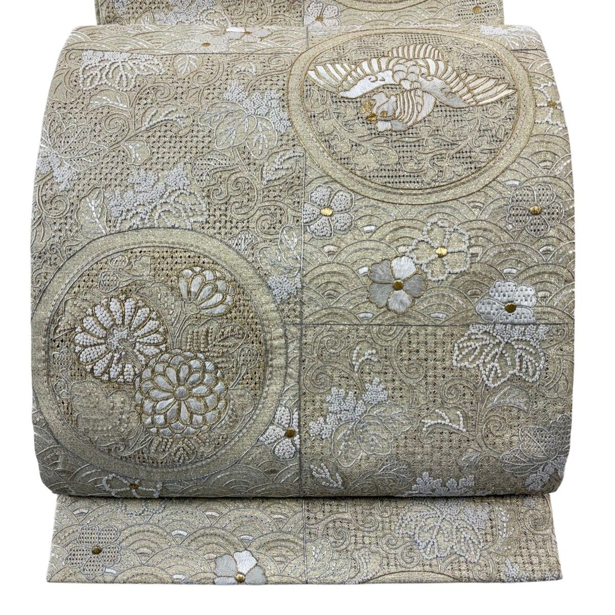 袋帯 逸品 鳳凰 草花 刺繍 金銀糸 薄茶色 六通 正絹 【中古】