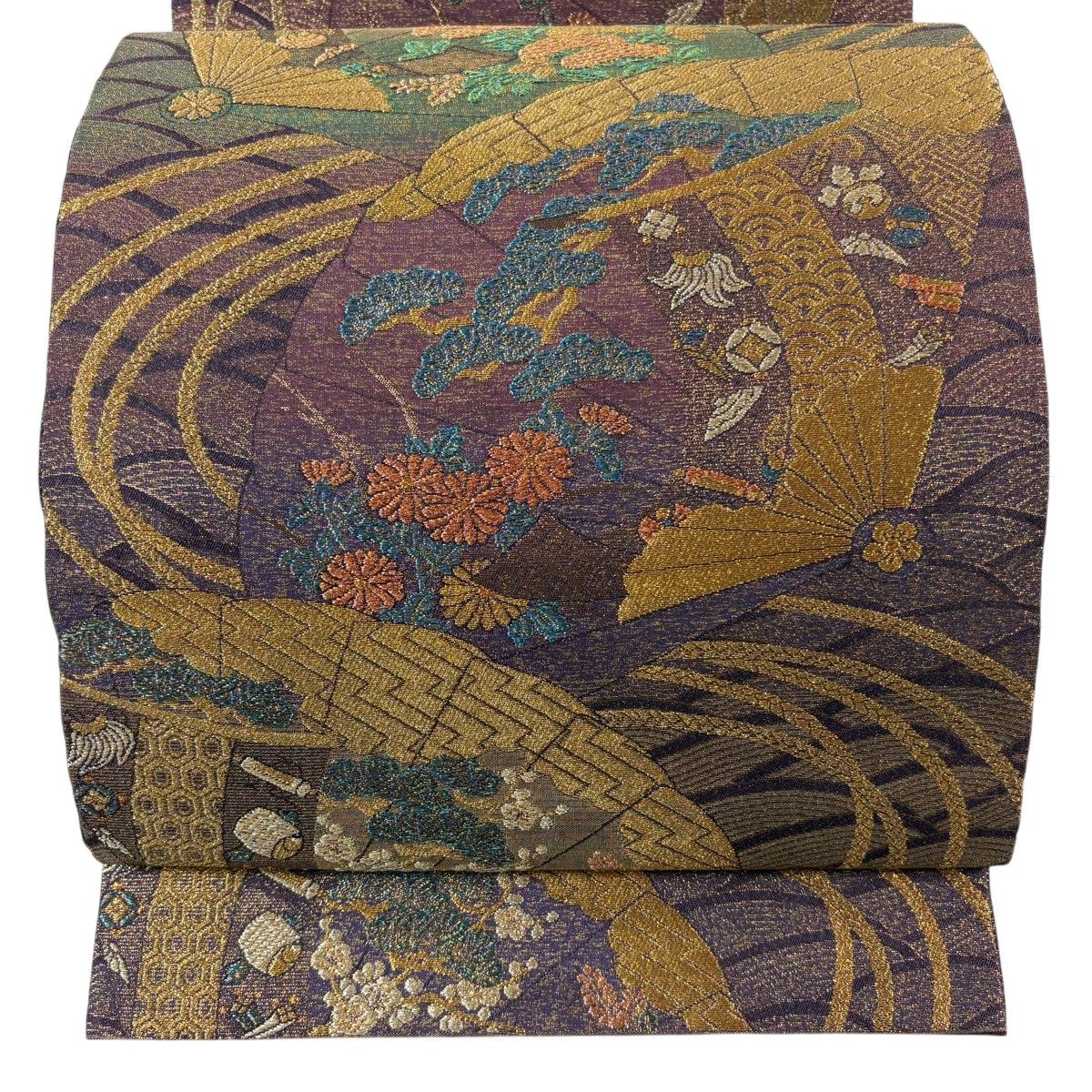 【美品】 袋帯 逸品 佐波理 落款 扇 宝尽くし 箔 茶紫 六通 正絹 【中古】