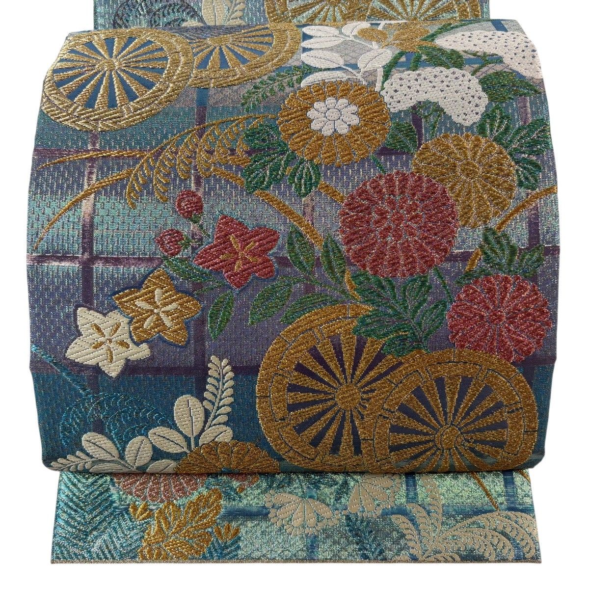 【美品】 袋帯 逸品 佐波理 落款 格子 花車 箔 金糸 緑 六通 正絹 【中古】