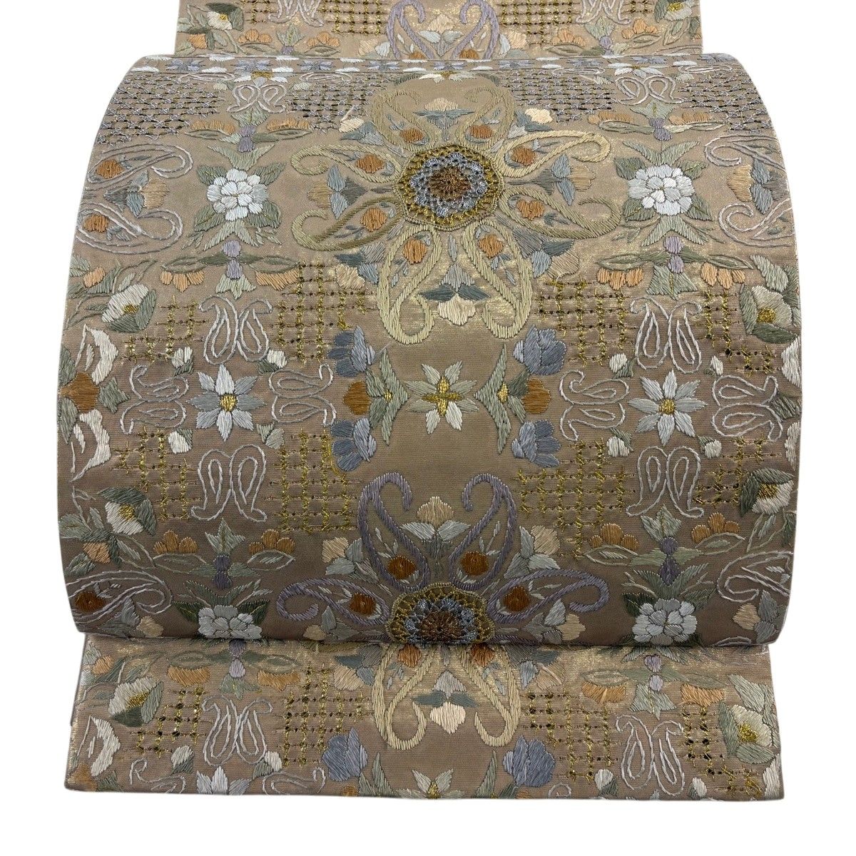 袋帯 逸品 華文 草花 金糸 箔 金色 六通 正絹 【中古】