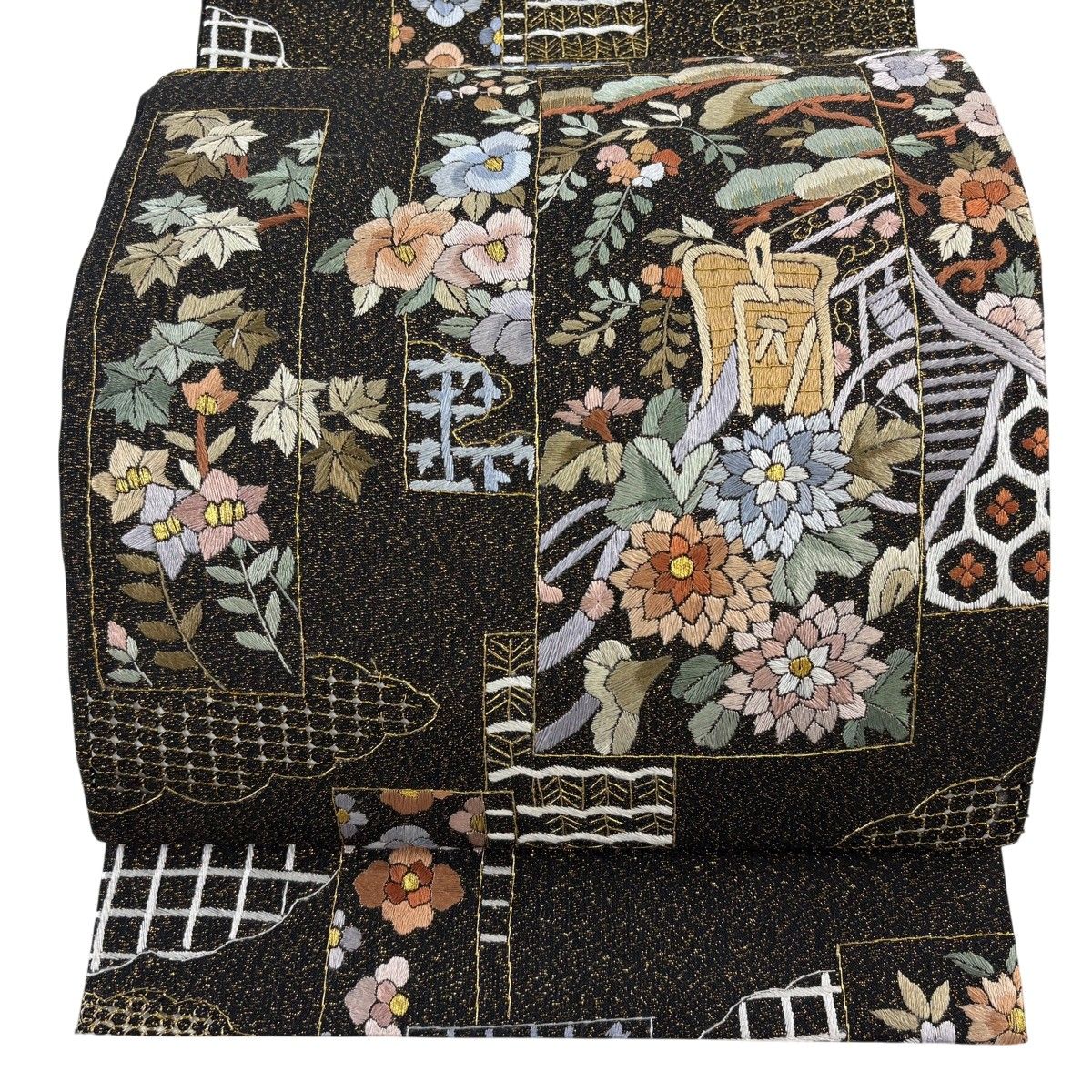 袋帯 逸品 御所車 草花 金糸 箔 黒 六通 正絹 【中古】