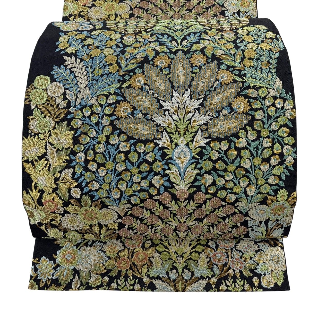 【美品】 袋帯 逸品 川島織物 落款 草花 箔 黒 六通 正絹 【中古】