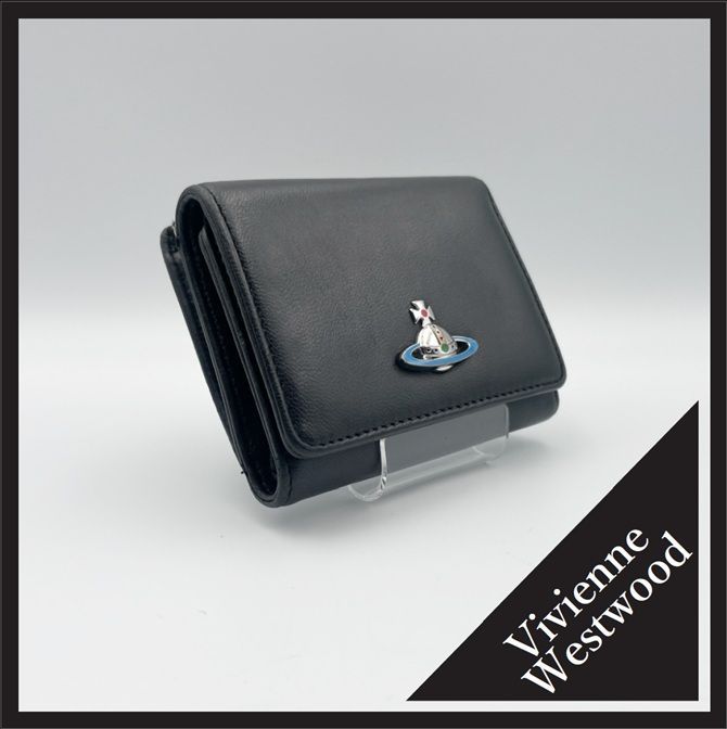 Vivienne Westwood（ヴィヴィアンウエストウッド）三つ折り財布 折り財布 オーブ メタルオーブ レザー ブラック 黒 シルバー金具 コンパクト ウォレット メンズ レディース ユニセックス