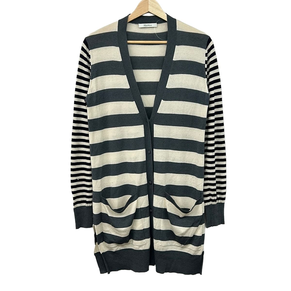 Max Mara(マックスマーラ) カーディガン サイズM レディース - ベージュ×ダークグレー×黒 長袖/ボーダー