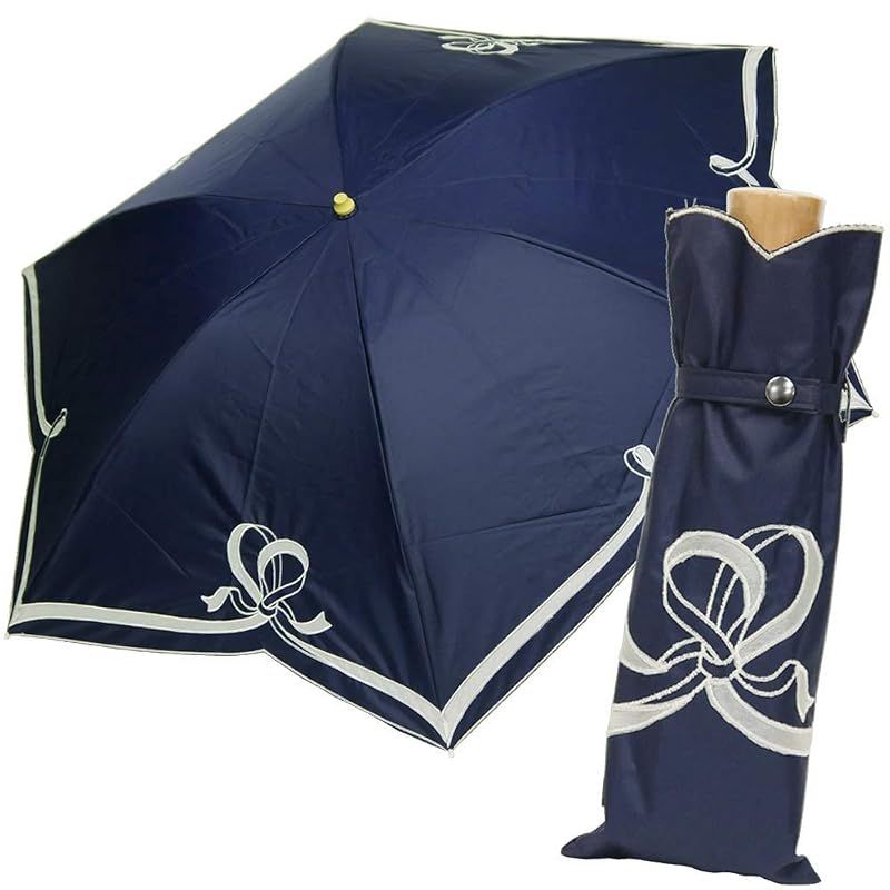 【新品】 [ヌーヴェル･ジャポネ] Nouvel Japonais 日傘 折りたたみ傘 晴雨兼用 軽量 UVカット 紫外線対策 リボン オーガンジー エンブロイダリー レディース パラソル (ネイビー) 0