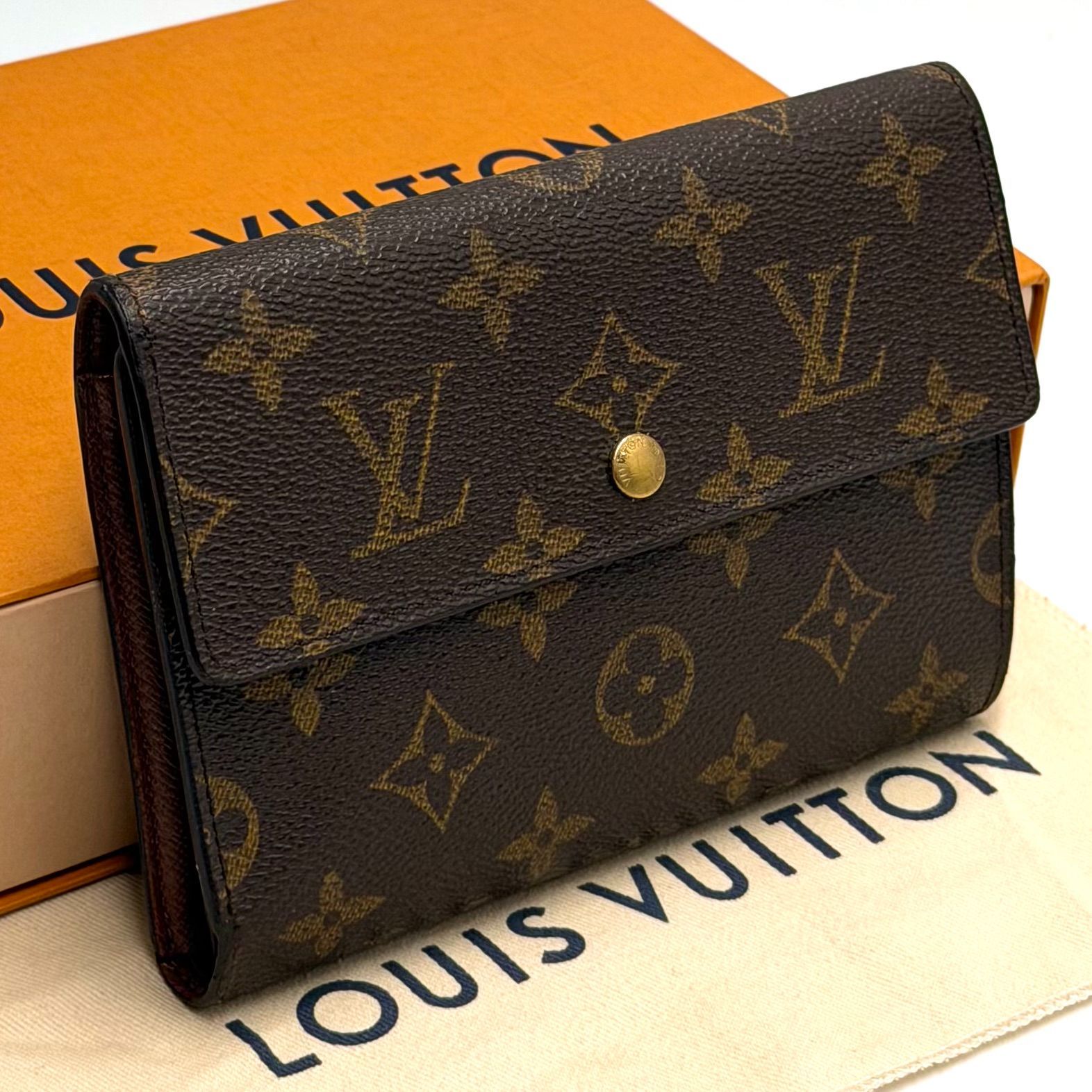 ルイヴィトン LOUIS VUITTON モノグラム ポルトトレゾール エテュイ パピエ 三つ折り財布 お札入れ 男女兼用 ゴールド金具 ブラウン レザー