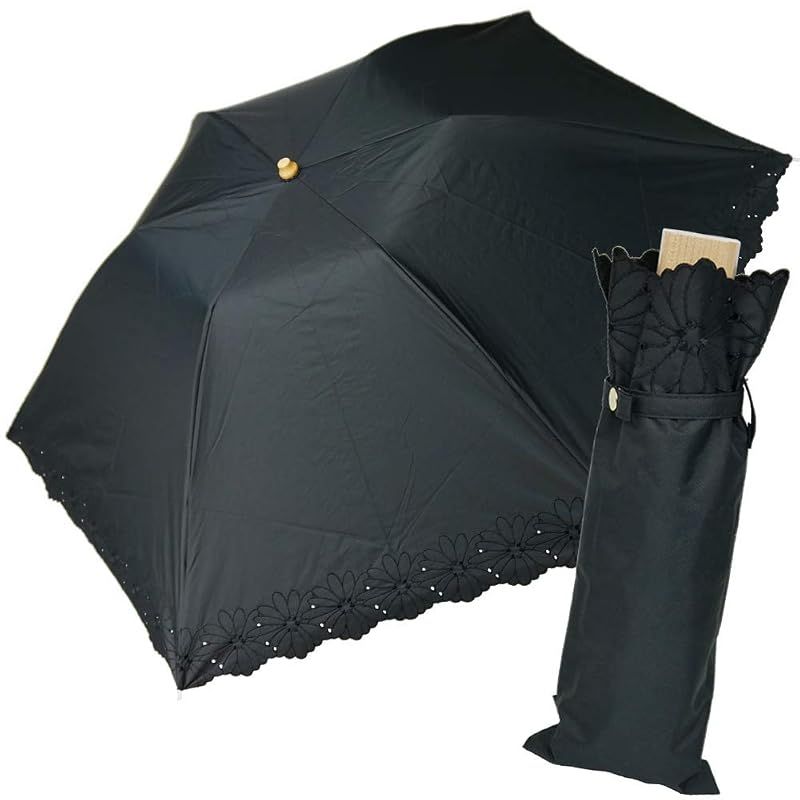 【新品】 [ヌーヴェル･ジャポネ] Nouvel Japonais 日傘 折りたたみ傘 晴雨兼用 UVカット 紫外線対策 レディース フラワー ボーラー エンブロイダリー パラソル (ブラック)