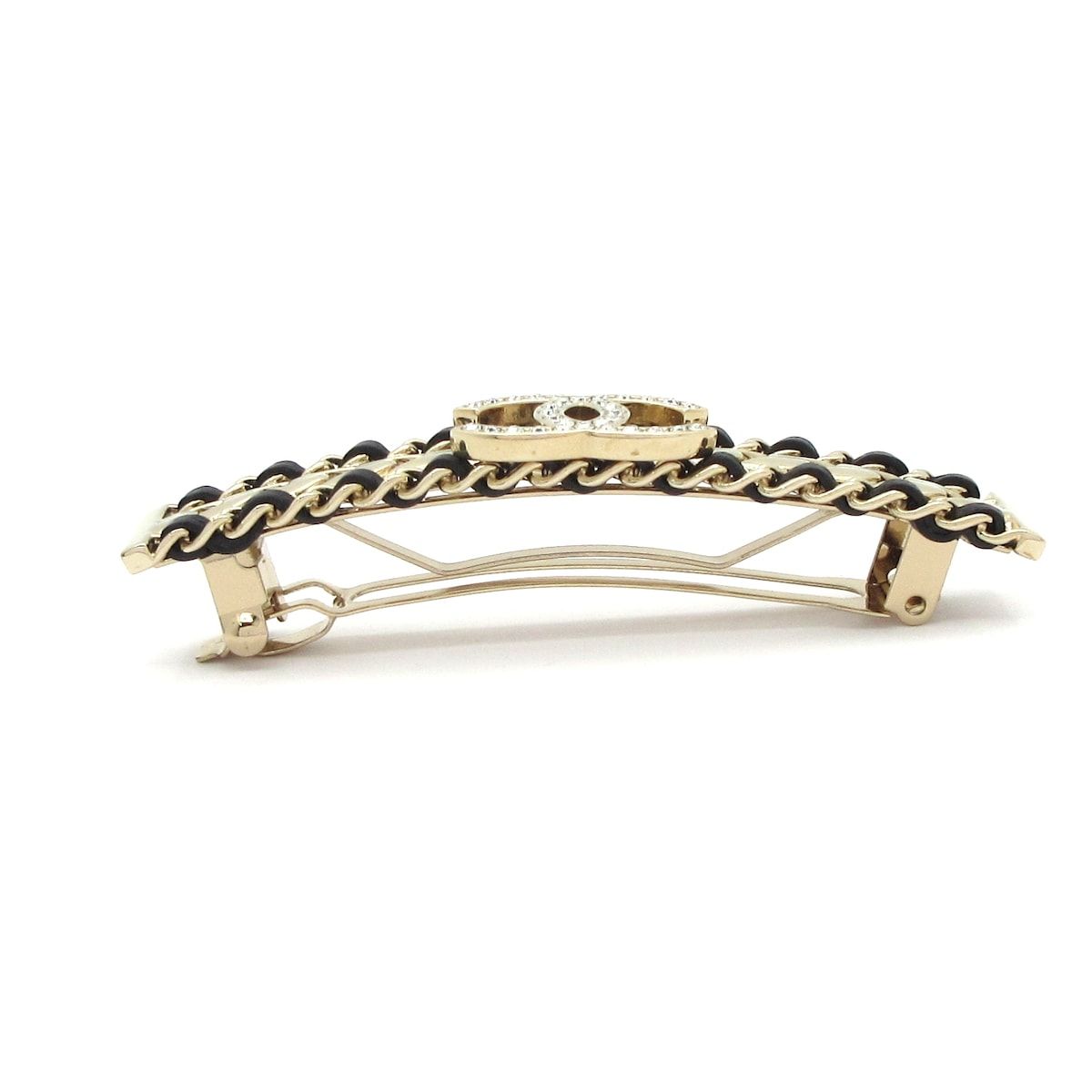 【美品】シャネル バレッタ ココマーク ラインストーン 黒 ゴールド 箱付き CHANEL(シャネル) バレッタ美品 ココマーク レザー ゴールド×黒 ライン