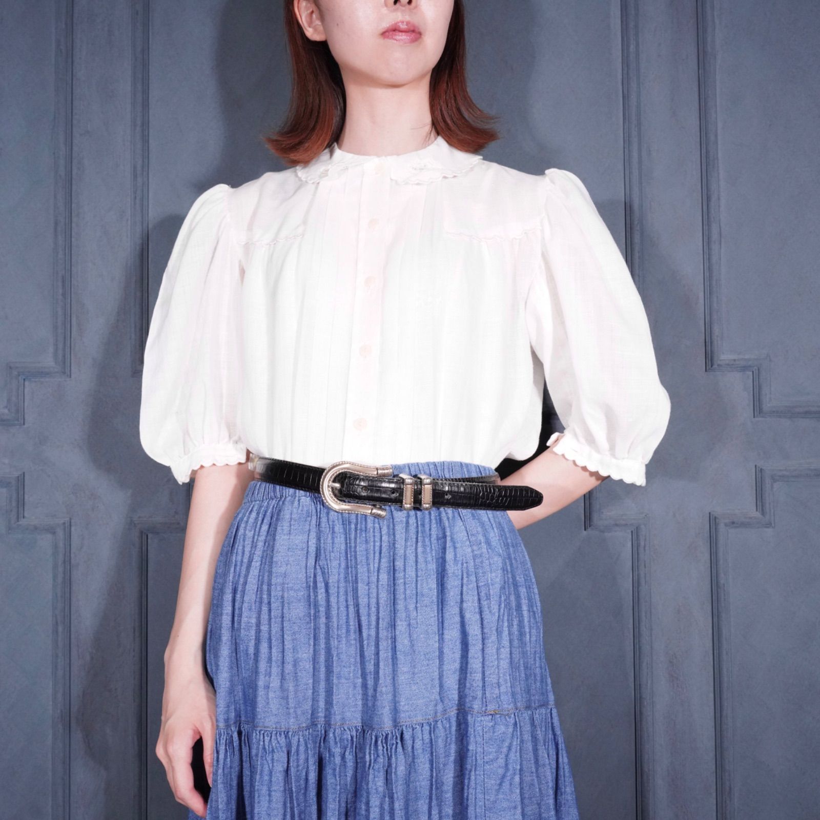 EU VINTAGE PUFF SLEEVE LACE DESIGN HALF SLEEVE COTTON BLOUSE/ヨーロッパ古着パフスリーブレースデザイン半袖コットンブラウス 6,518円