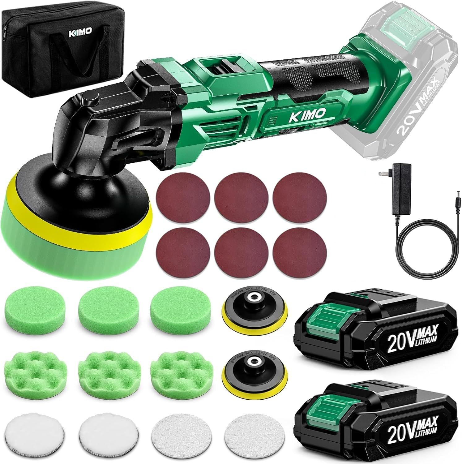 KIMO コードレス ポリッシャー 車 100mm 充電式 電動 20V 2000mAh バッテリー*2個付き バランス型 6段階スピード調整 1.2KG 軽量設計 多機能 バフ サンドペーパー*6 交換用研磨ディスク*2 マイクロファイバー f249bae7