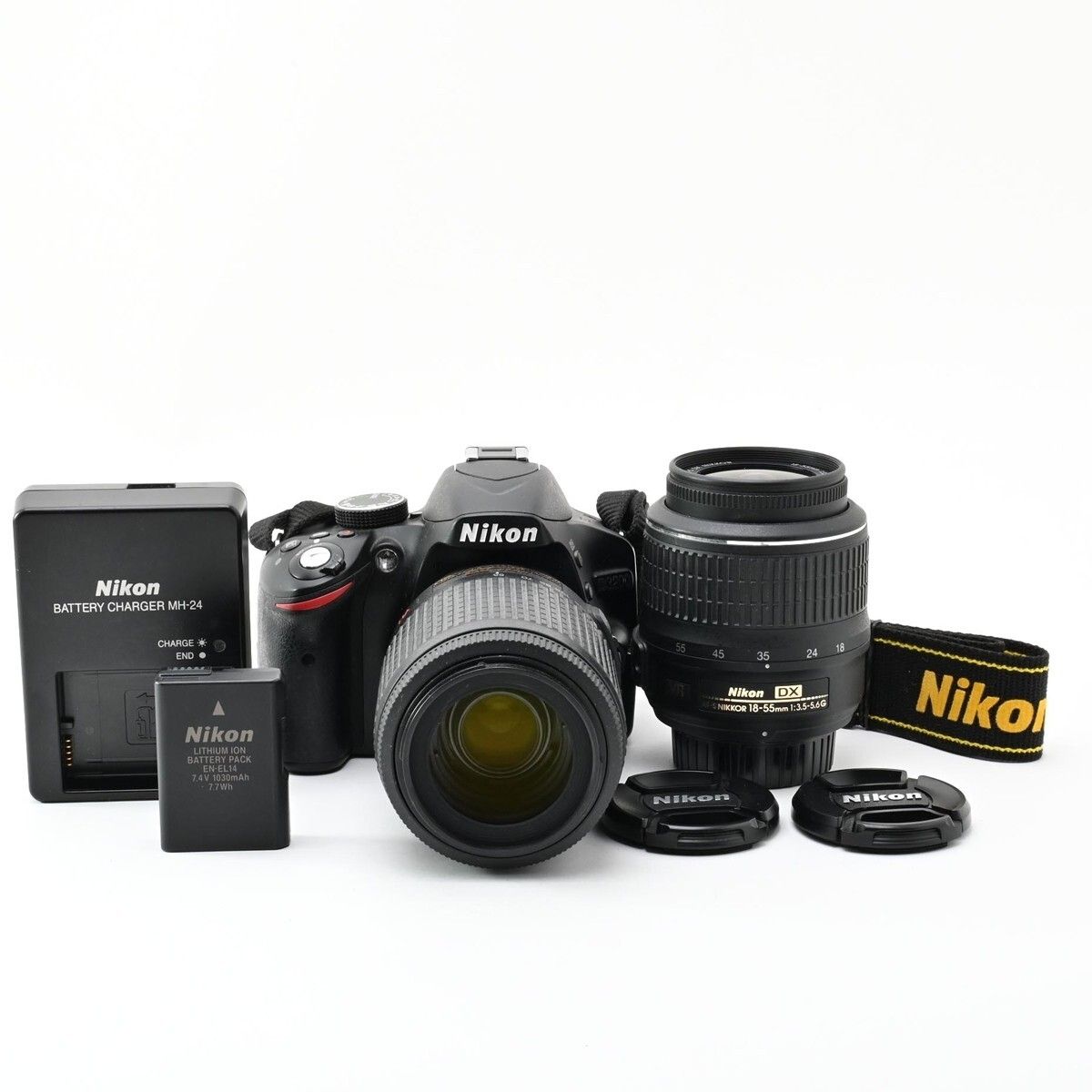 1508＜並品＞ Nikon デジタル一眼レフカメラ D3200 200mmダブルズームキット 18-55mm/55-200mm付属 ブラック D3200WZ200BK