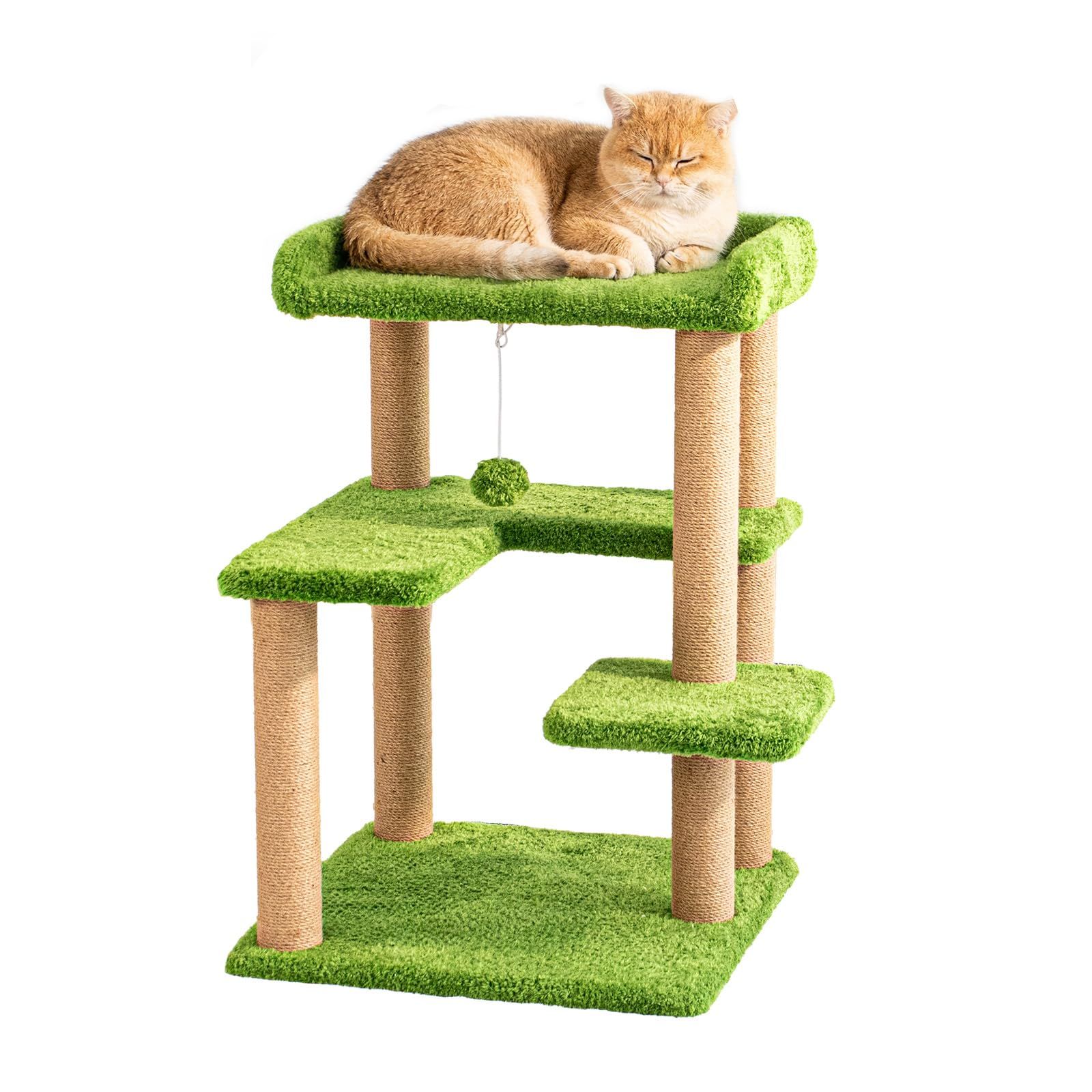☆新品☆キャットタワー ＼全面クッション入り／ 据え置き おしゃれ 麻生地張り 多頭飼い 登りやすい 小型 見晴台 スリム 猫タワー リネン生地張り 通気性 省スペース 人気 快適 高齢猫 子猫 爪研ぎ コットン紐 キャットツリー コンパクト d29eb39d