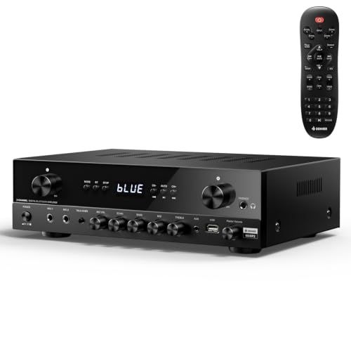 Donnerステレオ・オーディオ・アンプ、600Wピーク2チャンネル・レシーバー、Bluetooth 5.3、フォノ、光、同軸、USB、FM、2マイク入力、AUX、RCA入力、ホーム、カラオケ、シアター・スピーカー用、MAMP2★