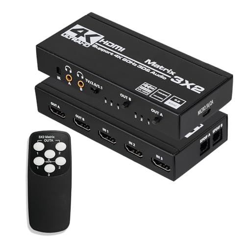 4K HDMIマトリックス 3入力 2出力 HDMIマトリックス スイッチャー HDR、HDCP 2.2 対応、4Kx2K@60Hz、3D、1080P IRリモコン付き★