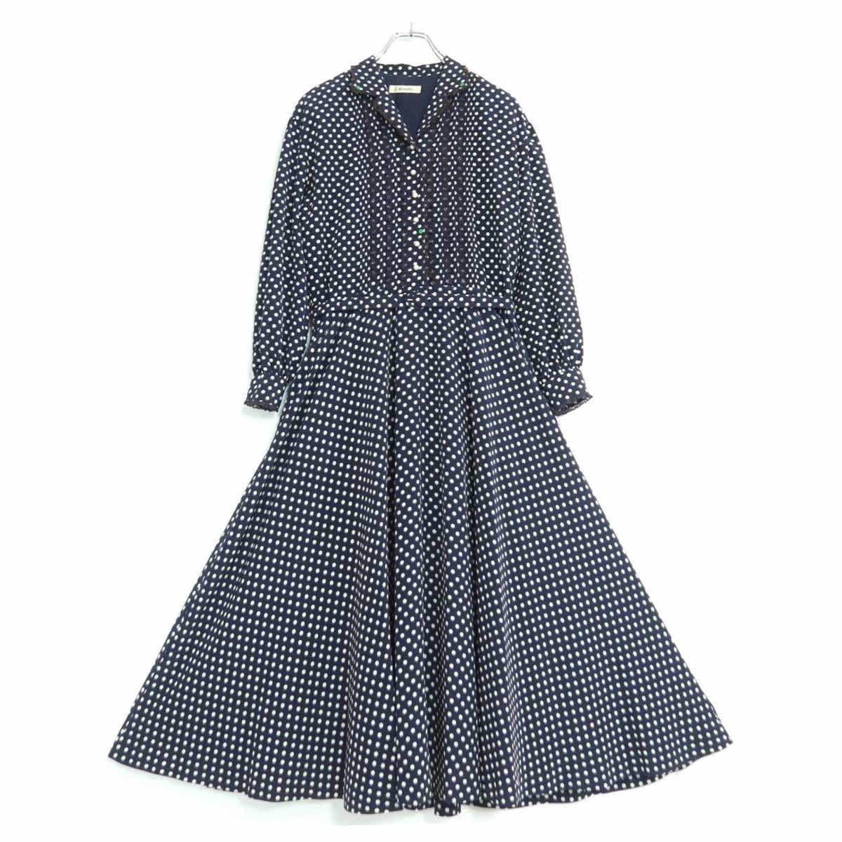 インゲボルグ★大人上品！ドットpt&レース♪長袖ワンピース ネイビー系 パールビーズ♪薄手 z19622