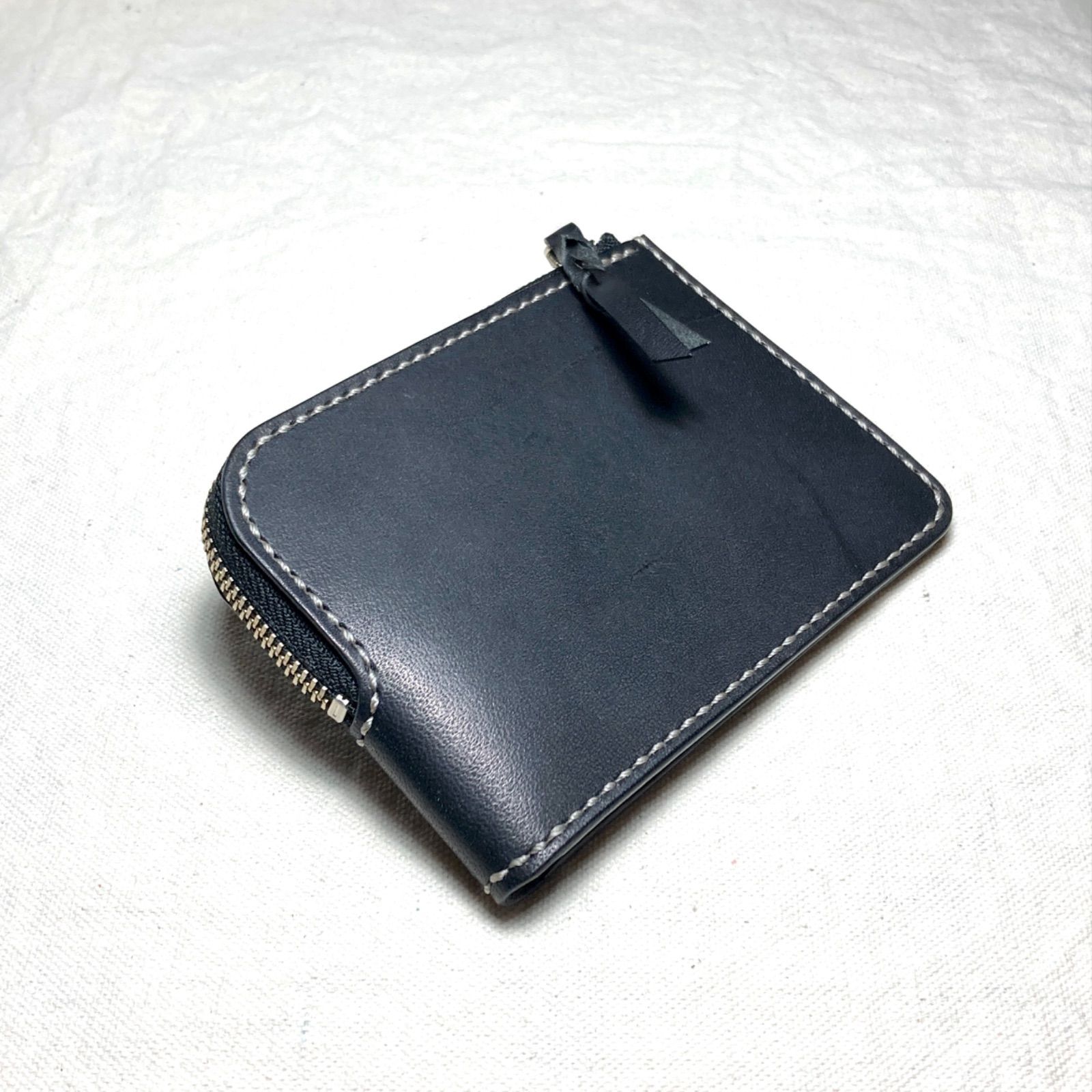 栃木レザー L字ファスナー財布 ブラック グレーステッチ 本革 総手縫い コンパクト財布 ミニ財布 フラグメントケース コインケース カードケース メンズ レディース 黒