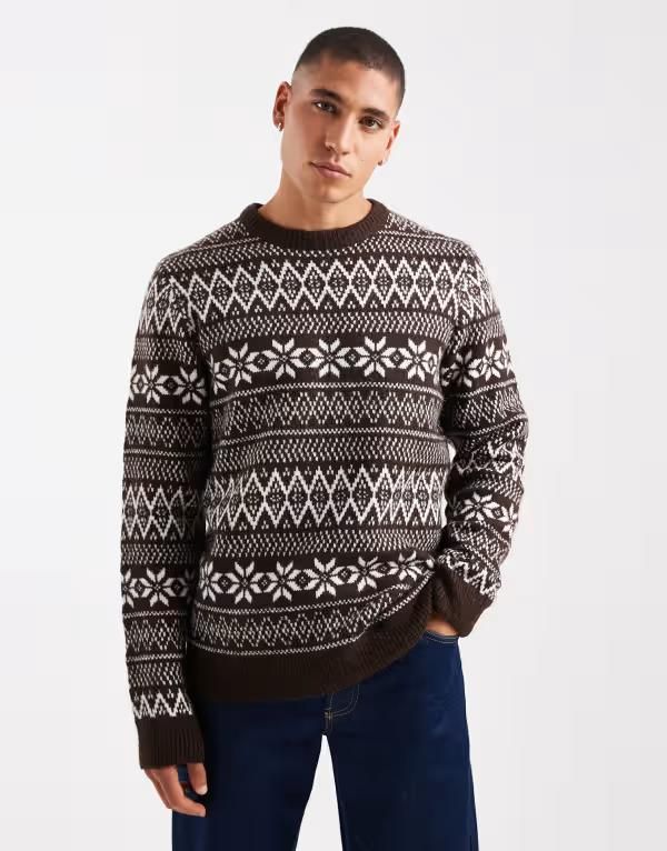 スリードベア メンズ アウター ニット・セーター クルーネック プリント セーター Threadbare fairisle print crew neck sweater in chocolate B