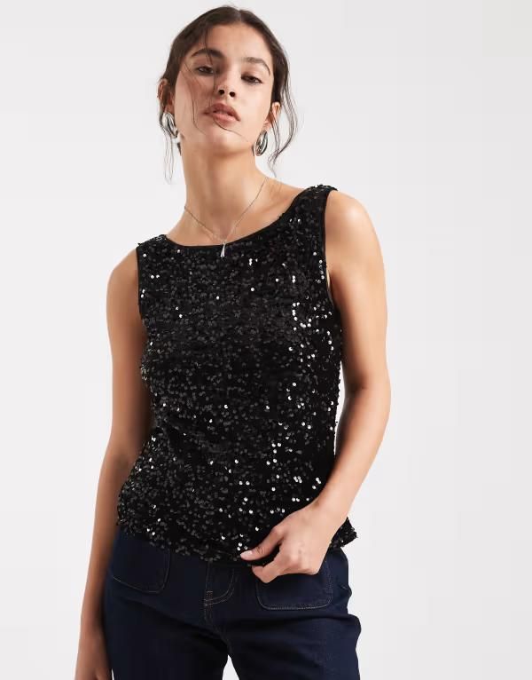 ピーシーズ レディース トップス タンクトップ スパンコール Pieces slash neck sequin top Black ブラック