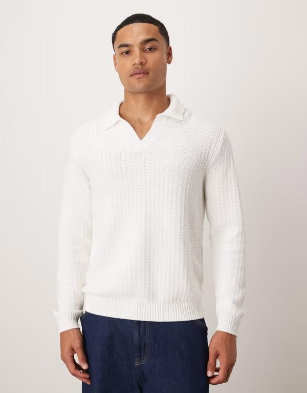 マンゴ メンズ トップス ポロシャツ ニット Mango knit open collar polo shirt WHITE ホワイト