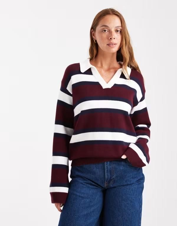 フォースレックレス レディース アウター ニット・セーター 4th Reckless knit collared rugby sweater in multi burgundy stripes Bur