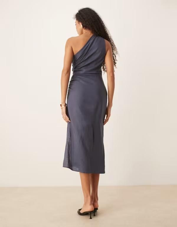 マンゴ レディース トップス ワンピース ギャザー ワンショルダー リネン Mango linenmix oneshoulder dress with ruched side in dusty Pal