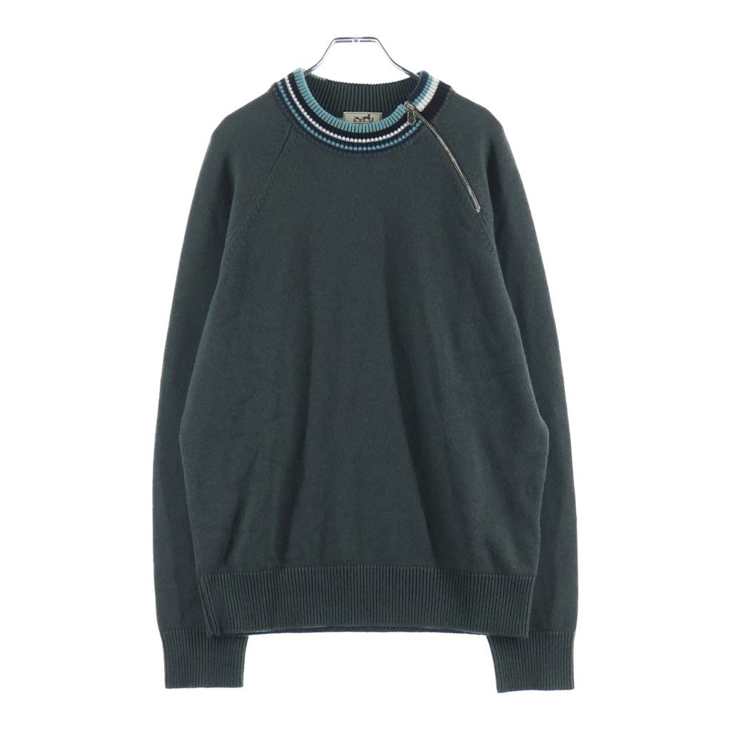 HERMES (エルメス) カシミヤ ジップアップ ニット セーター #XL カーキ/ブルー/ブラウン グリーン系