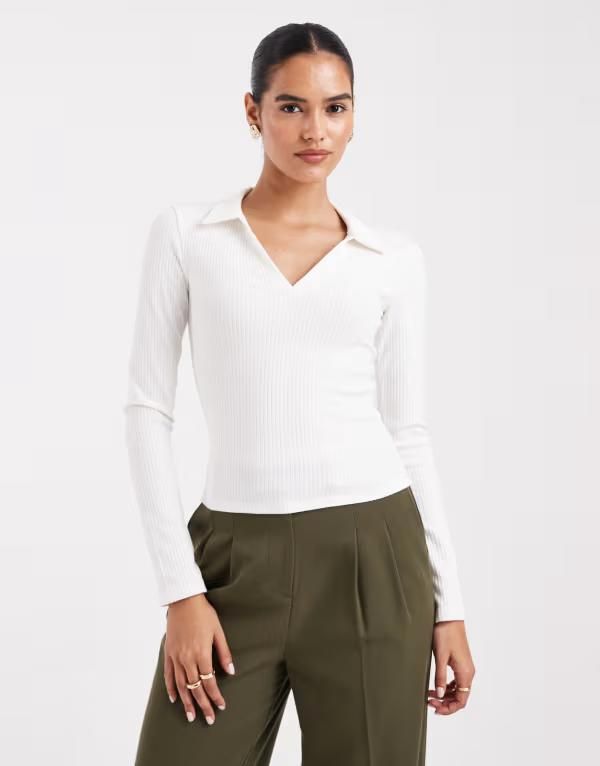 ミスセルフフリッジ レディース トップス ポロシャツ リブ Misselfridge ribbed long sleeve polo top in cream クリーム 9,840円