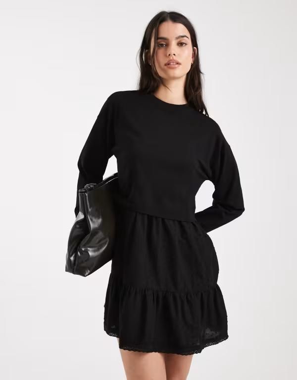 ミスセルフフリッジ レディース トップス ワンピース Tシャツ Misselfridge mixed textures tshirt dress Black ブラック