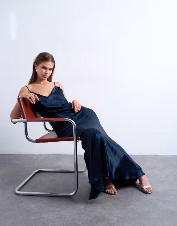トップショップ レディース トップス ワンピース サテン マキシ Topshop foldedge satin Cami slip maxi dress NAVY ネイビー