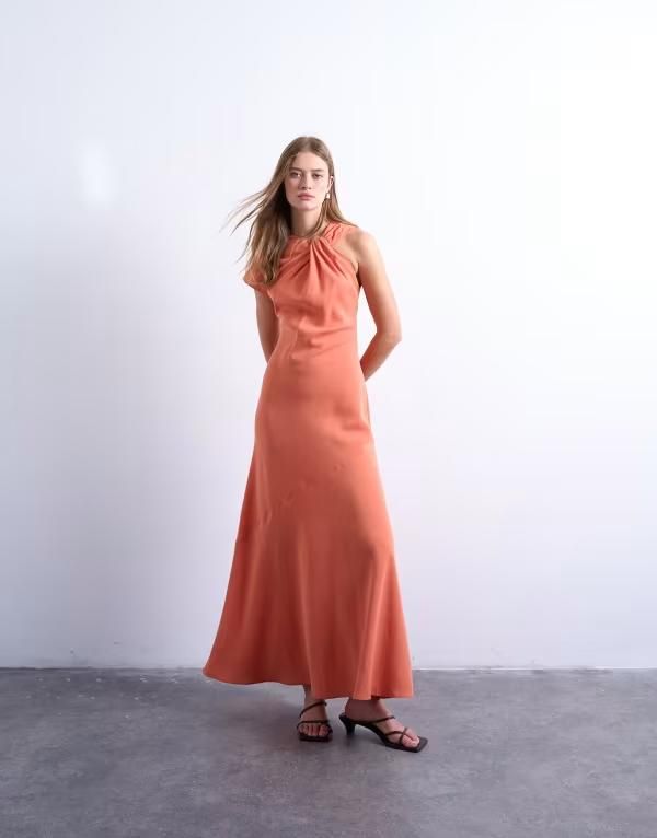 トップショップ レディース トップス ワンピース アシンメトリー ミディワンピース ミディ Topshop knot neck asymmetric sleeve midi dress in tang