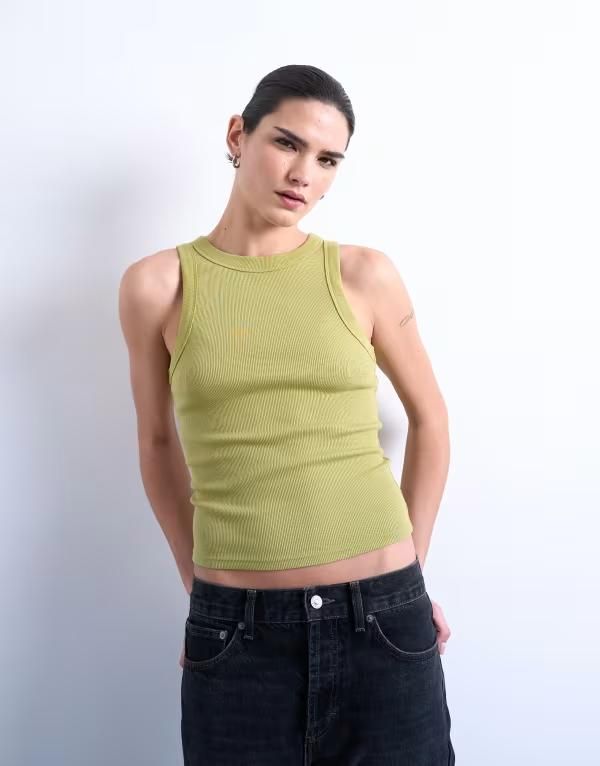 トップショップ レディース トップス ベスト リブ Topshop ribbed racer neck tank top in olive GREEN グリーン 6,731円