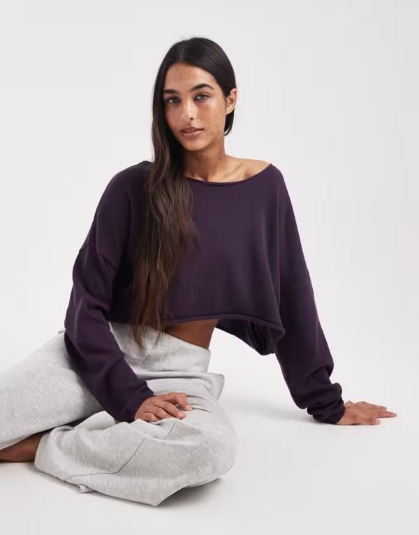 コットンオン レディース アウター ニット・セーター クロップド Cotton off the shoulder cropped knit in chocolate plum Chocolate pl