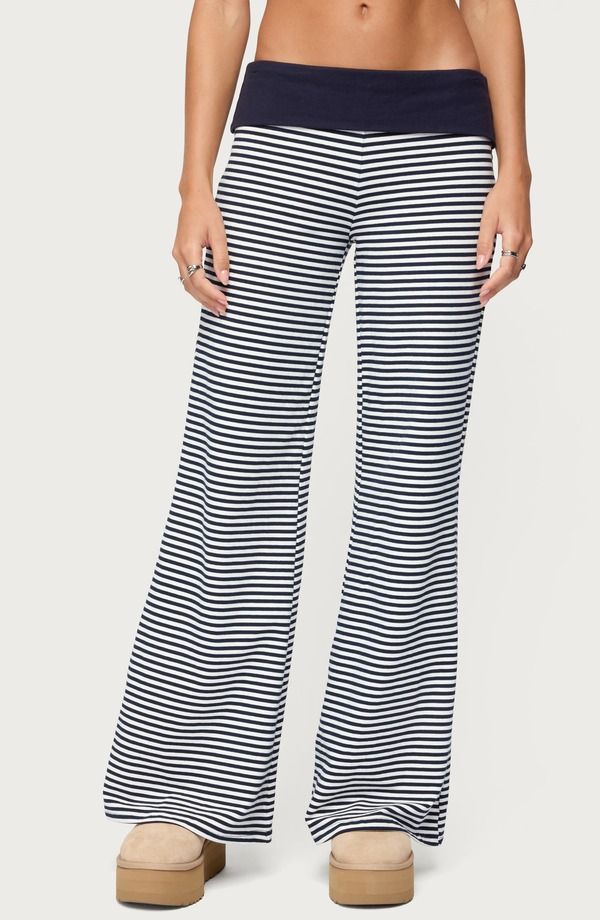 アディクテッド レディース ボトムス レギンス パンツ カラーブロック EDIKTED Meggy Colorblock Stripe Foldover Pants NavyAndWhite ホワイト