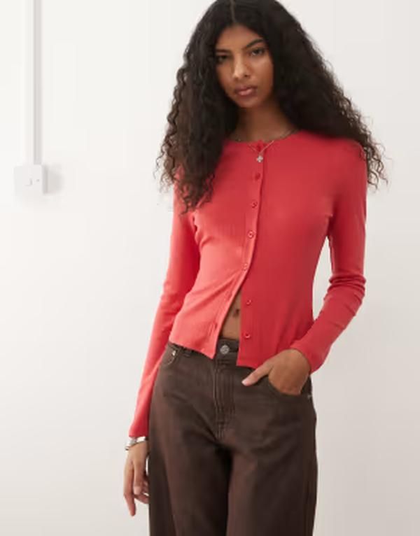 コルージョン レディース アウター カーディガン COLLUSION fitted pointelle cardigan in faded Red レッド