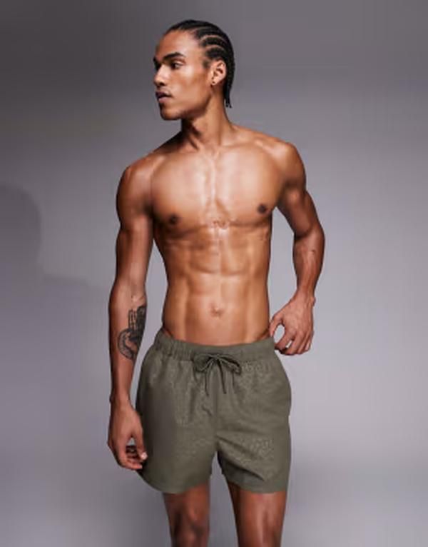 エイソス メンズ 水着 ハーフパンツ・ショーツ ショートパンツ ASOS DESIGN short length swim shortsgreen leopard jacquard Khaki カーキ