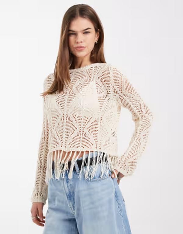 オンリー レディース トップス タンクトップ フリンジ ONLY boho fringe detailing crochetop Birch ベージュ