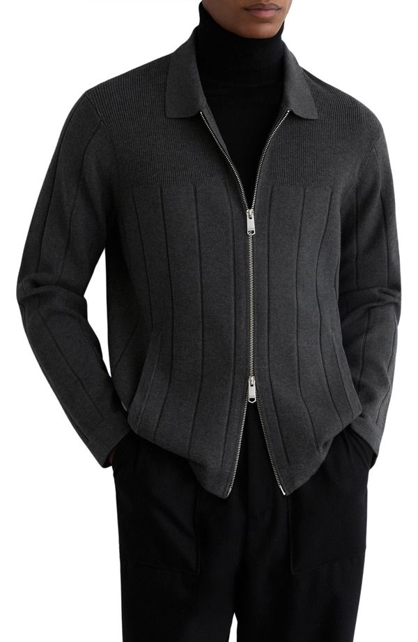 レイス メンズ アウター パーカー・スウェット カーディガン Reiss Cassius Wide Rib Zip Cardigan Charcoal Melang チャコール