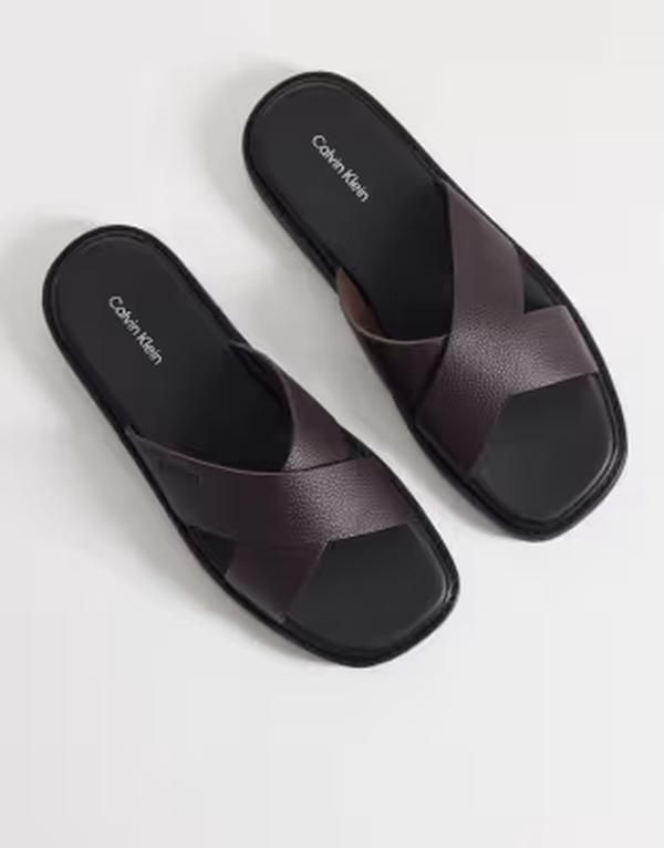 カルバンクライン メンズ シューズ サンダル レザー Calvin Klein realeather crosstrap sandals BordeauxBlack ブラック