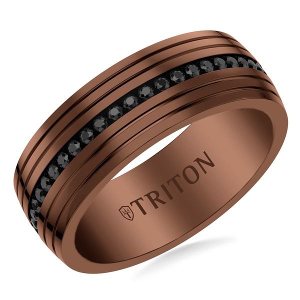 トリトン レディース アクセサリー 指輪 Triton 8MM Espresso Tungsten and Black Tungsten Stripe Inlay with Black Sapphir