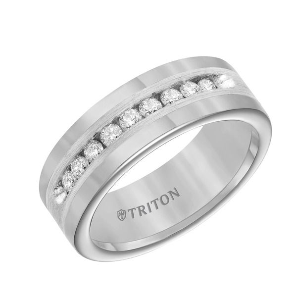 トリトン レディース アクセサリー 指輪 サテン Triton 8MM Tungsten Diamond Ring with Channel Set Silver Satin Finish Inlay