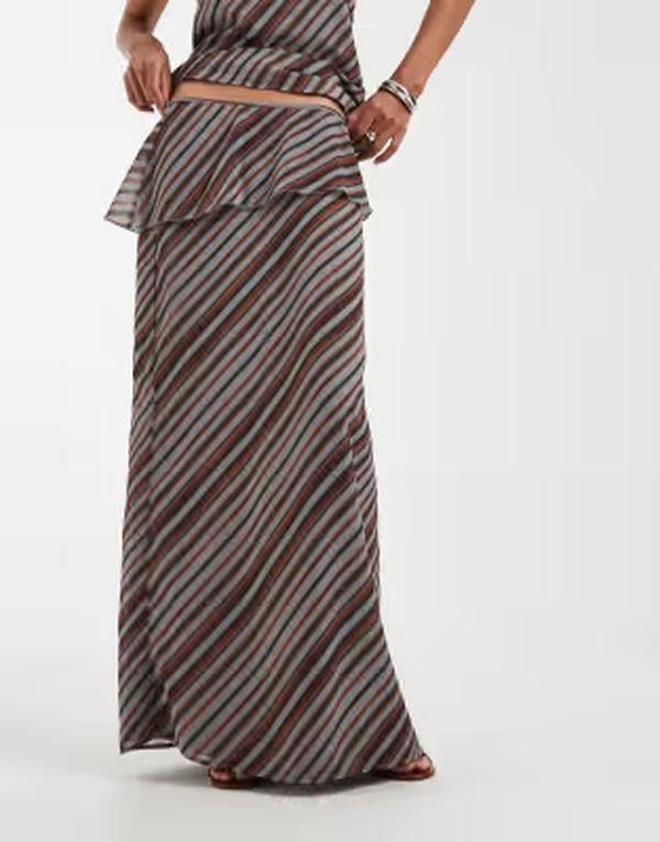 モーテル レディース ボトムスカート マキシ Motel Zelvia striped maxi skirt Gray brown グレー