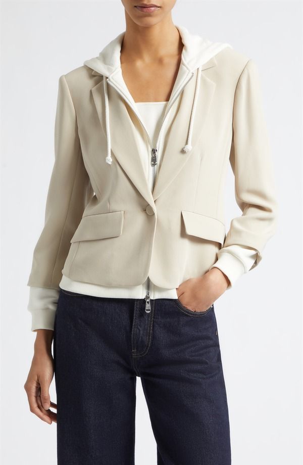 サンク セプト レディース アウター ジャケット・ブルゾン プチ ブレザー パーカー Cinq Sept Le Petite Khloe ZipUp Hoodie Blazer Khaki Ivory