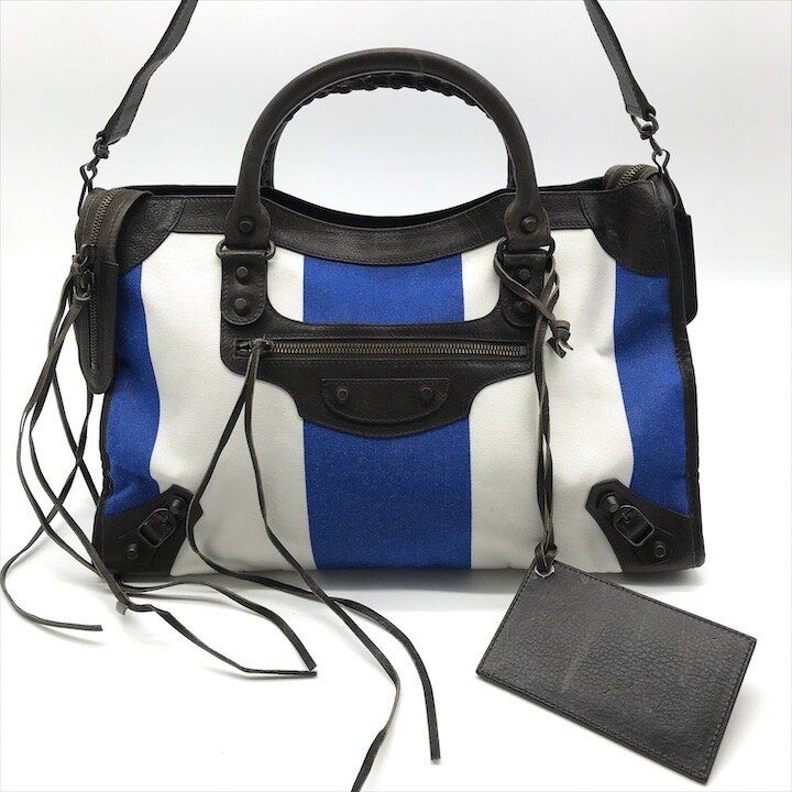 良品 BALENCIAGA バレンシアガ ザ シティ キャンバス レザー ハンド ショルダー 2way バッグ レディース ヴィンテージ ブルー a14046