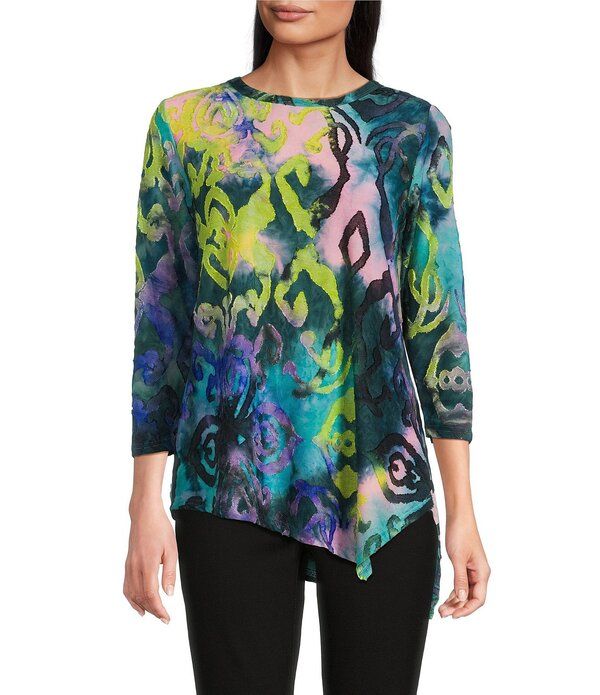 カレッサ レディース トップス カットソー クルーネック アシンメトリー プリント Calessa BurnoutieDye Printed Stretch Crew Neck 34 Sleeve A