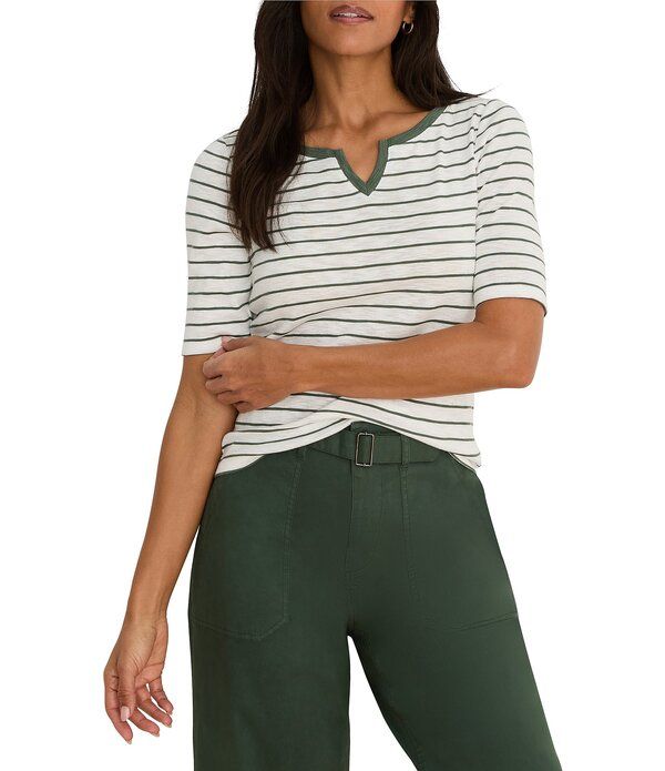 ニックアンドゾー レディース トップス Tシャツ Vネック ニット NIC ZOE Knit Stripe Notch Split VNeck Elbow Sleeve Tee Green Multi