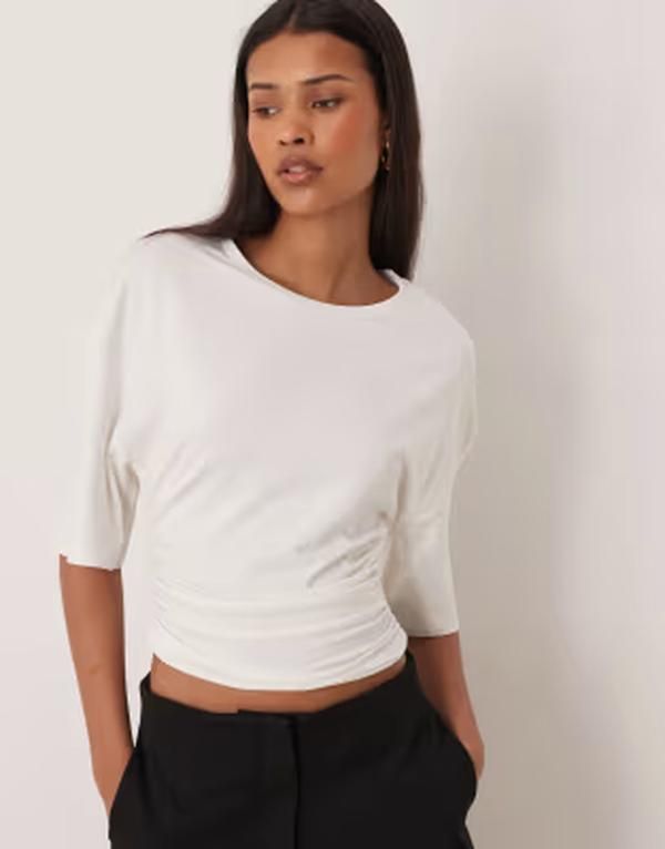 ジーナトリコ レディース トップス Tシャツ ギャザー Gina Tricot Softouch ruched top White ホワイト