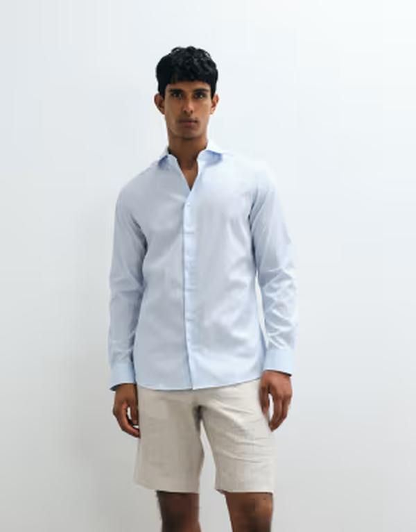 マンゴ メンズ トップス シャツ コットン Mango 100 cotton smart shirt BLUE ブルー