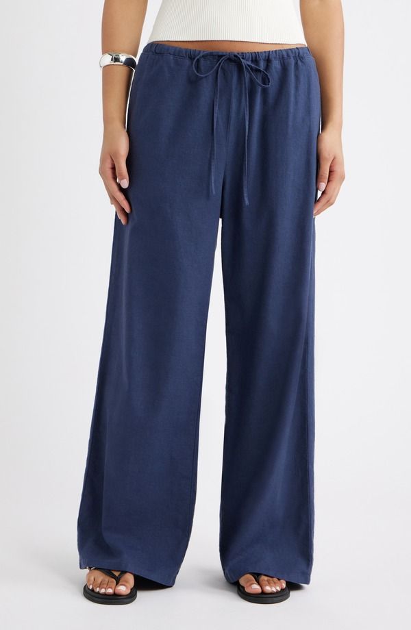 オープンエディット レディース ボトムス カジュアルパンツ ワイドレッグ リネン Open Edit Linen Blend Wide Leg Pants NAVY INDIGO ネイビー