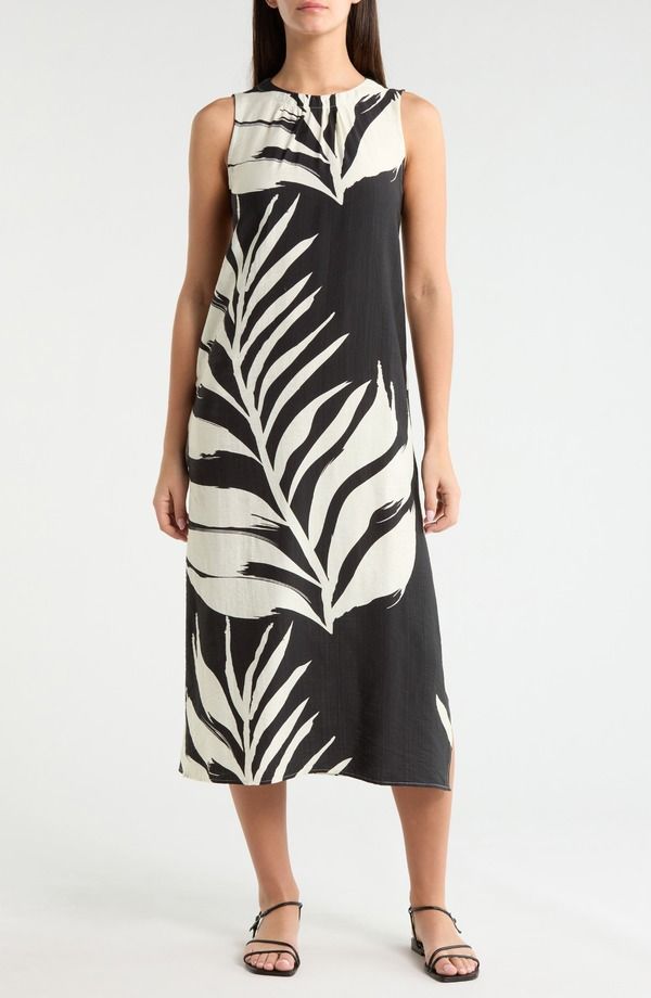 メロデイ レディース トップス ワンピース プリント ミディ ノースリーブ MELLODAY Palm Print Sleevelesshift Midi Dress BLACK BONE LEAF 10,836円