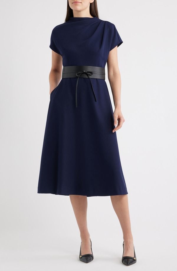 エリザジェイ レディース トップス ワンピースタンドネック ミディ Eliza J Funnel Neck Fla red Midi Dress NAVY ネイビー
